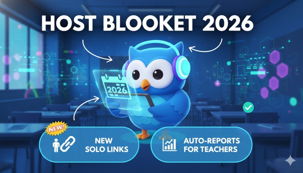 Teacher hosting a Blooket game session with solo links and auto-reports dashboard visible on screen for enhanced classroom engagement