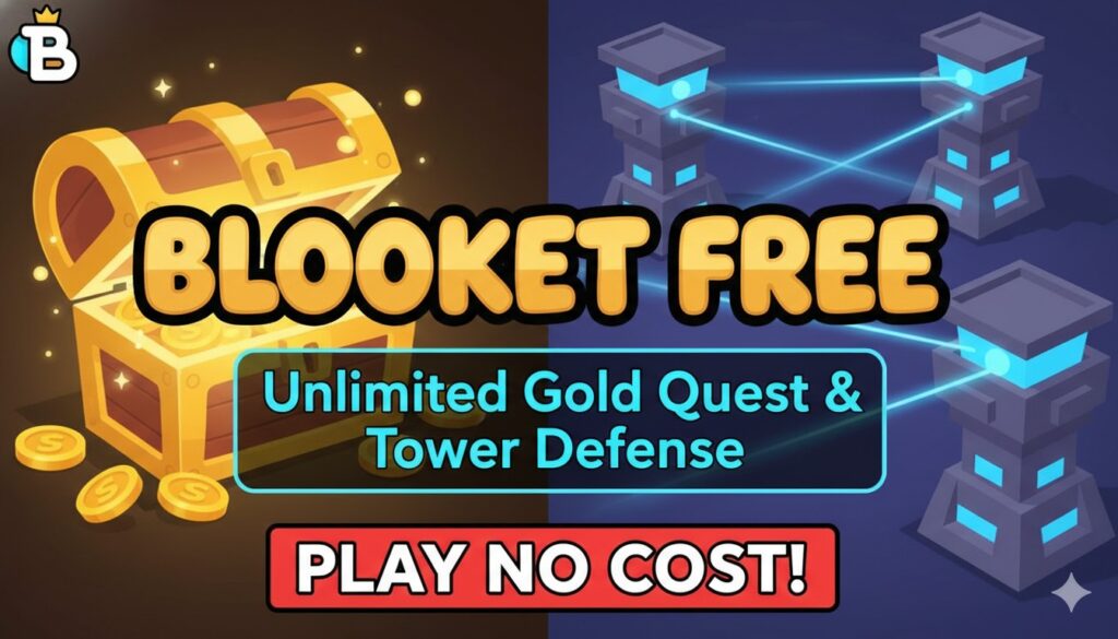Vibrant screenshot of Blooket Gold Quest and Tower Defense game modes in action with players collecting gold and building towers