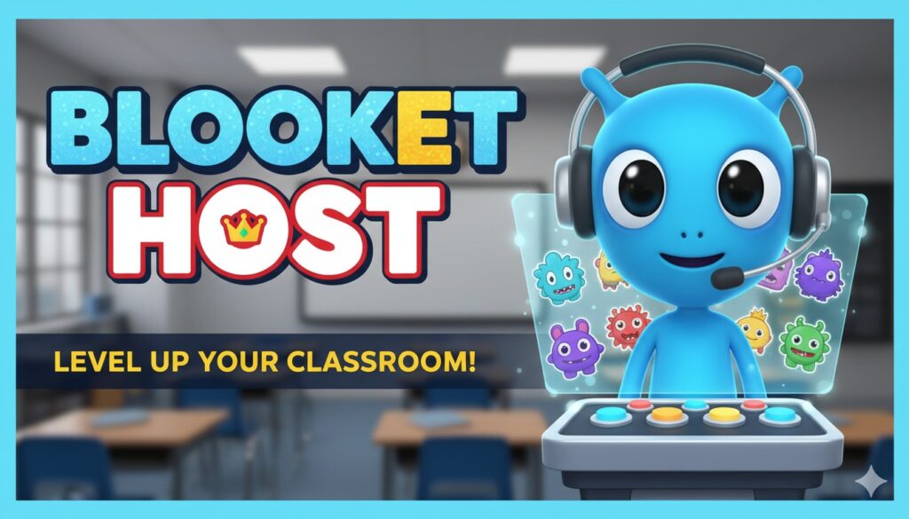 Teacher hosting a live Blooket game session on a laptop with students joining via game code in a classroom setting