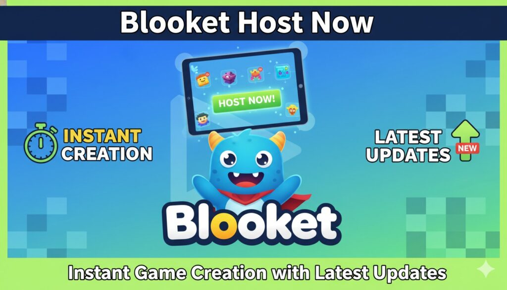 Teacher using Blooket Host Now to instantly create and launch an educational game session on a laptop in a classroom setting