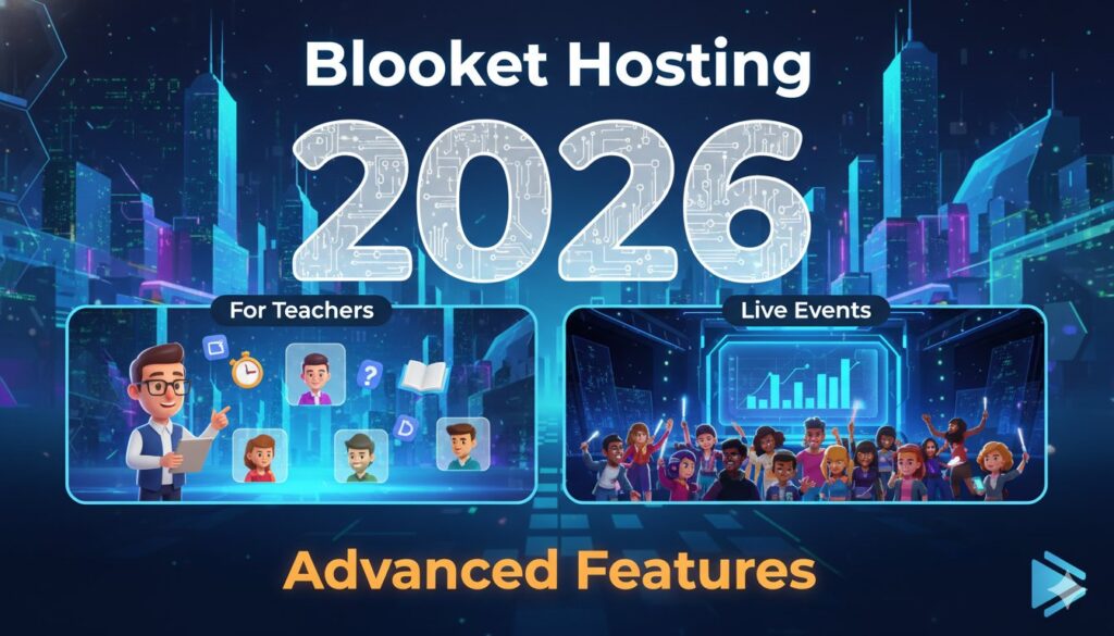 Modern classroom setup with teacher hosting a Blooket live game on projector screen, students engaged on devices in 2026