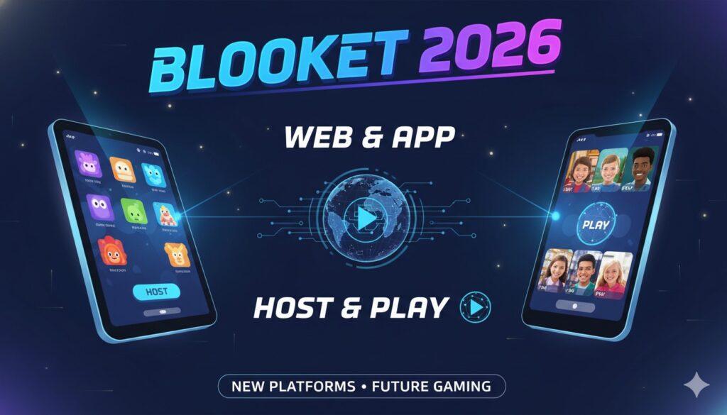 Blooket platform interface showing hosting dashboard and mobile browser gameplay in 2026