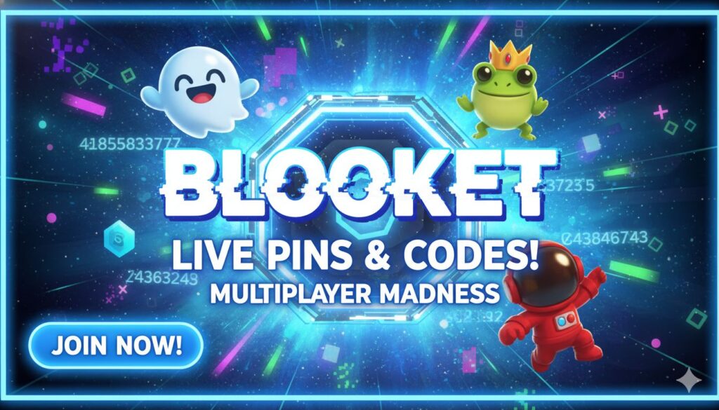Vibrant screenshot of Blooket multiplayer game lobby showing join code entry screen and popular modes like Gold Quest and Tower Defense