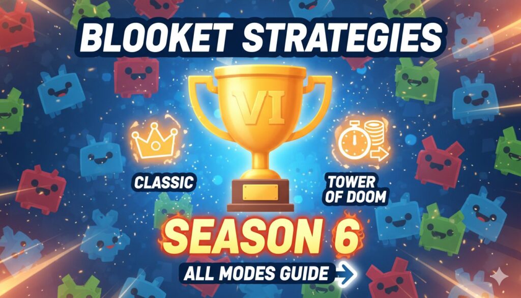 Dynamic Blooket gameplay screenshot showcasing Tower Defense towers battling evil Blooks with Gold Quest chests in the background during Season 6 Autumn Pack event.