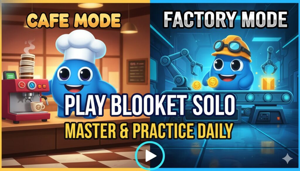 Vibrant Blooket solo gameplay screen showing Cafe counter with steaming food and Factory assembly line packed with glowing blook units generating cash