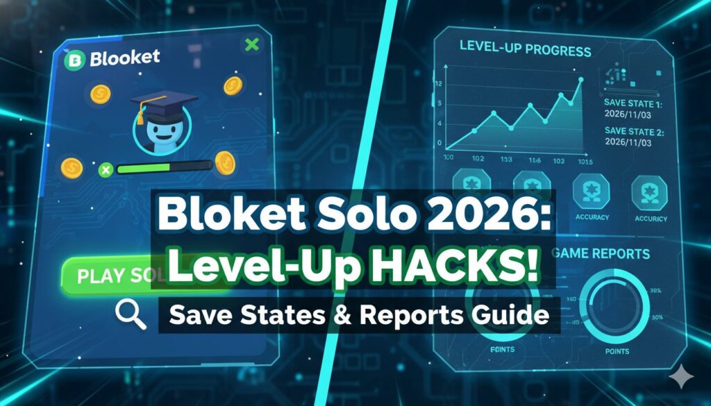 Student playing Blooket solo mode on laptop with save state progress and performance report visible on screen in 2026