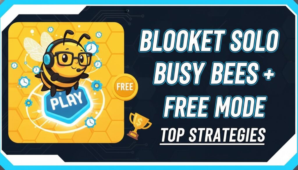 Student playing Blooket solo mode on laptop with busy bee graphics and strategy icons overlay