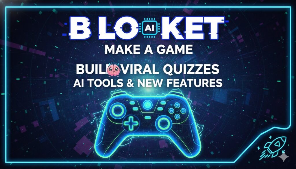 Educator using AI tools to create engaging Blooket quiz game on laptop with colorful game elements in background