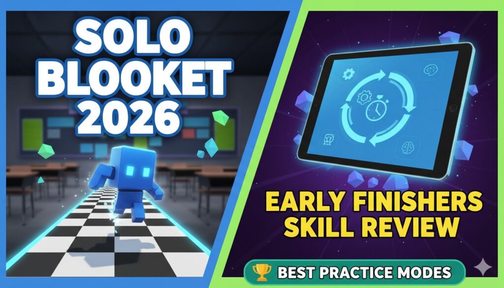 Student playing Blooket solo mode on a laptop for independent skill review and practice in a classroom setting