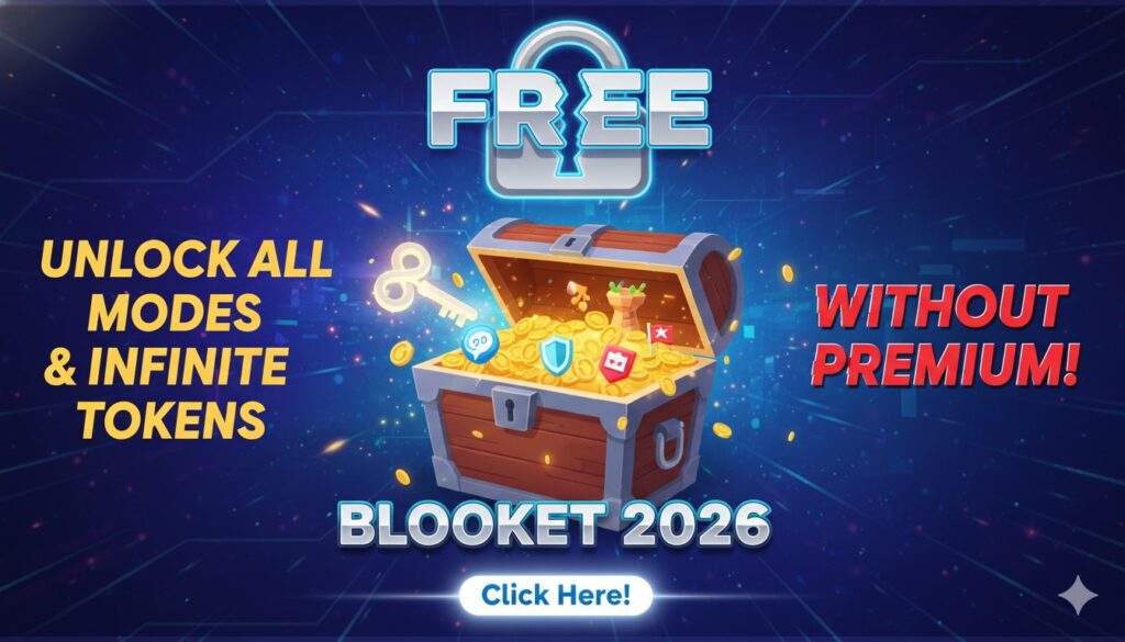 Vibrant screenshot of Blooket gameplay showing multiple game modes, tokens counter, and unlocked Blooks in 2026