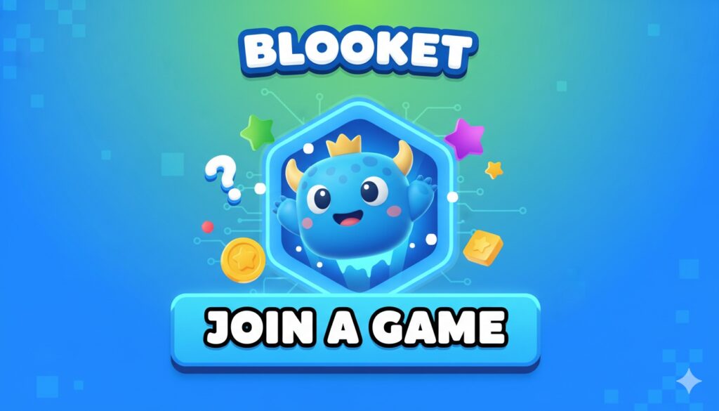 Step-by-step visual guide showing how to join a live Blooket game using code, QR scan, and link on a laptop and mobile device.
