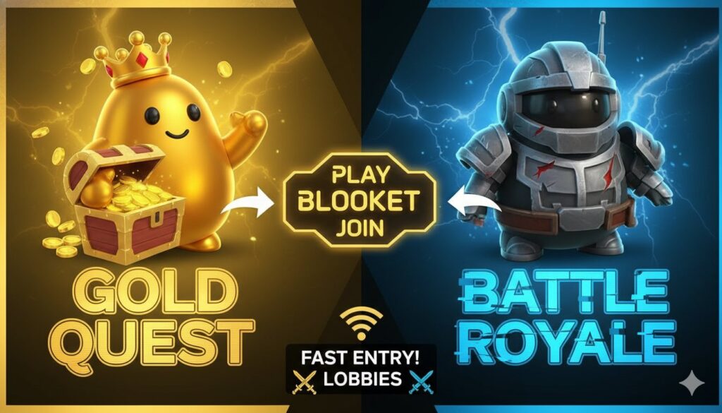 Vibrant Blooket lobby screen showing Gold Quest and Battle Royale icons with players entering codes