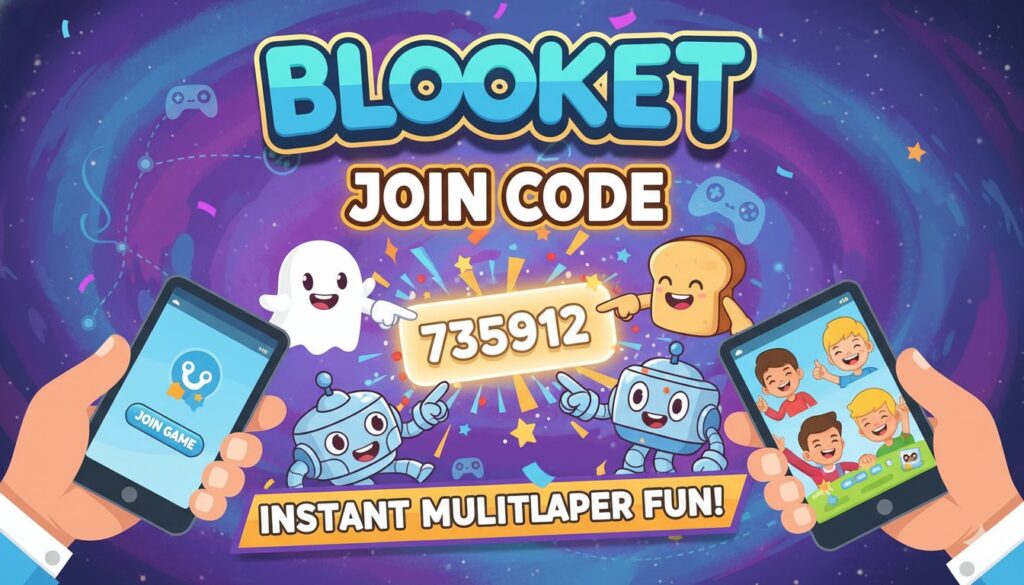 Vibrant illustration of diverse students on devices entering a Blooket join code, with colorful Blooks battling in a multiplayer arena background.