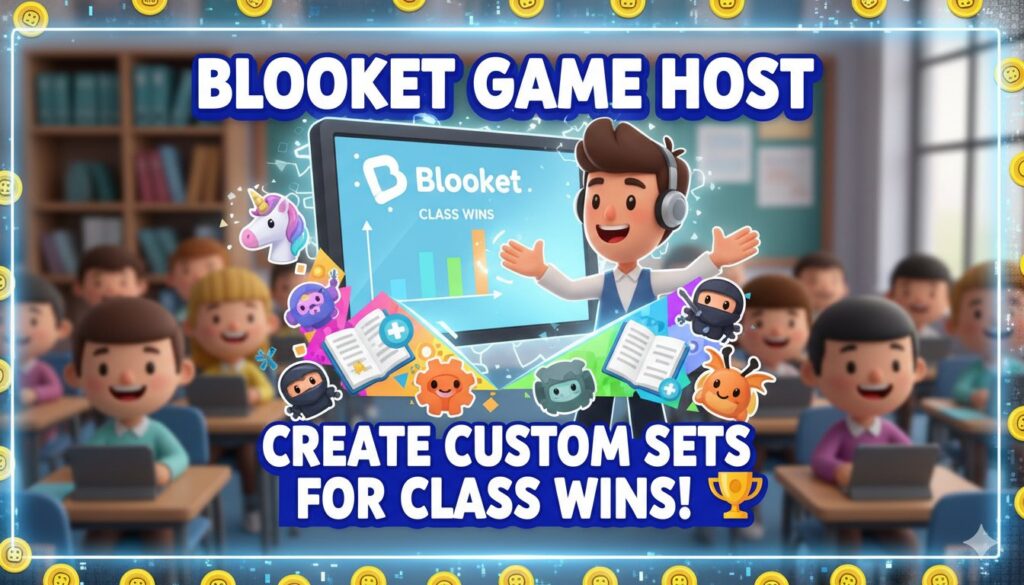 Teacher hosting a custom Blooket game with students competing on devices in a classroom setting