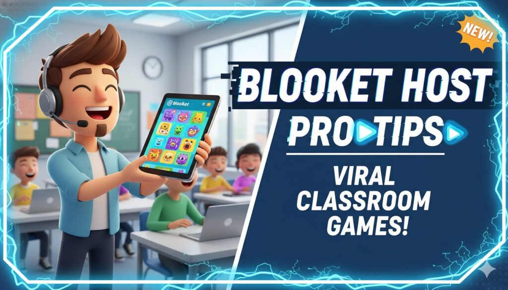 Experienced teacher hosting an exciting Blooket live game session in a modern classroom with students eagerly participating on devices