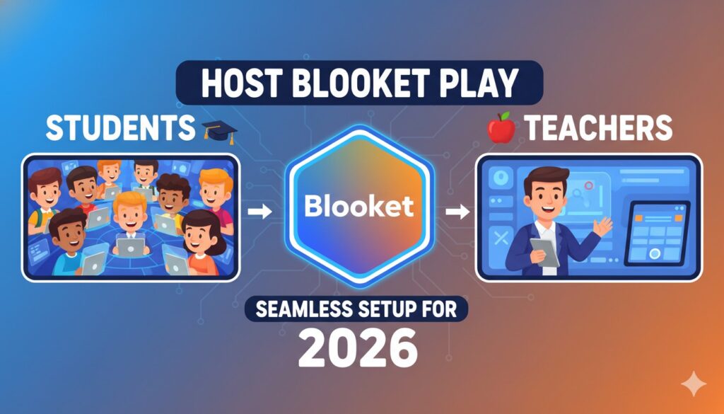 Teacher projecting a Blooket game code on classroom screen while students join on tablets and laptops in 2026 setup