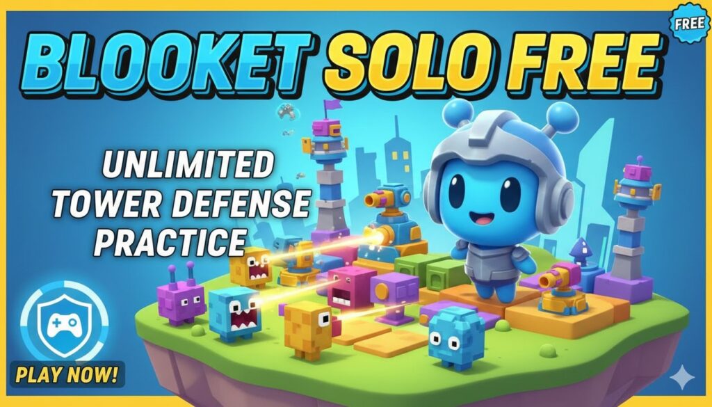 Student playing Blooket Tower Defense solo mode on computer, building towers to defend against waves in unlimited practice session