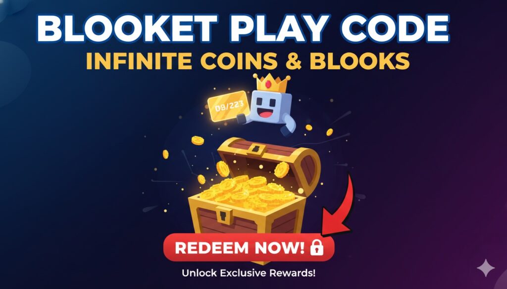 Digital illustration of colorful Blooket Blooks avatars surrounded by glowing token coins and a redeem code entry screen on a laptop.