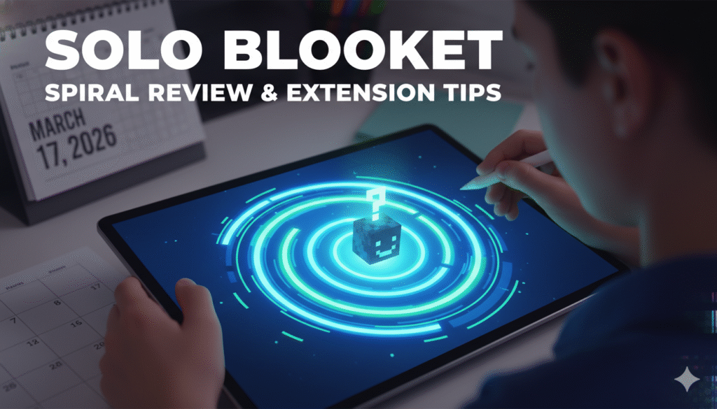 Vibrant Blooket solo gameplay screen showing Tower Defense 2 with towers defending against waves, spiral question sets in background, and progress graphs for review mastery.